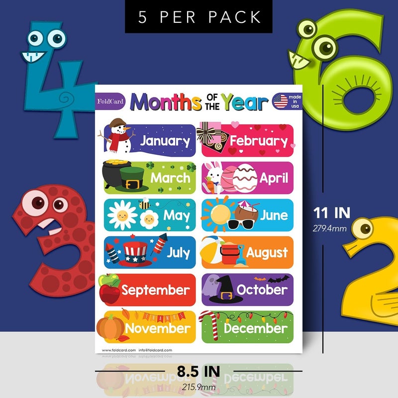 FoldCard 12 Months of the Year Chart for Preschool to Grade 1 Kids – Colorful Educational Visual/Learning Aid Poster Decoration for Classroom or Home | Glossy Durable Cardstock | 8.5" x 11" | 5 per Pack - Image 2